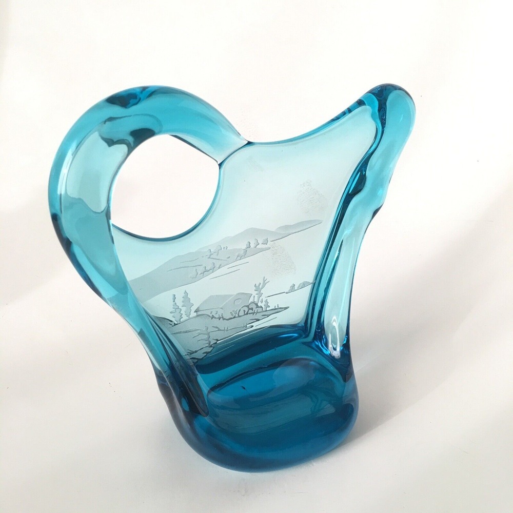 Blue Art Glass Etched Outdoor Scenery Stunning Unknown Artist - Picture 5 of 16
